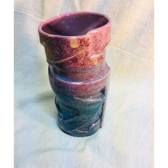 Vintage Large Cylinder Vase Geometric Pink And Blue Glaze Retro
